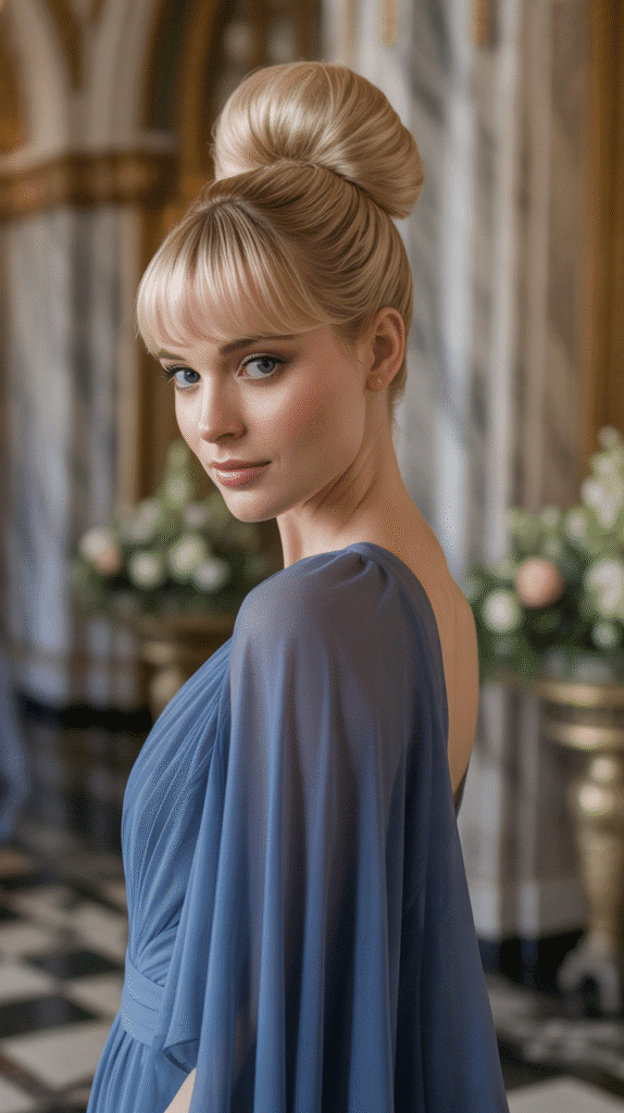 30+ Classy Bridesmaid Updo Hairstyles with Bangs 6 Elegant Ballerina Bun with Feathered Bangs