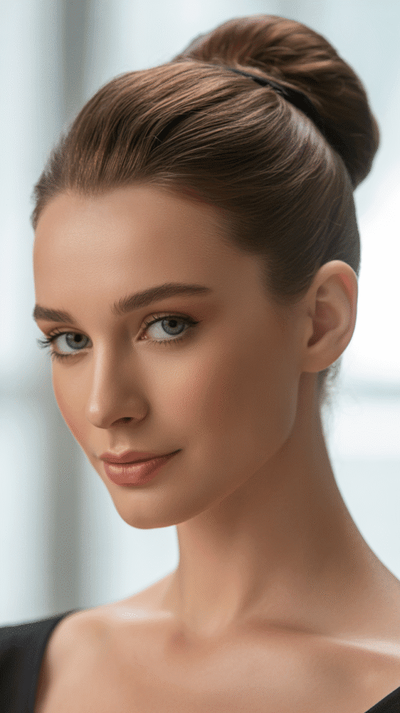 Top 27+ Slimming Hairstyles For Round Faces to Boost Confidence 13 Sleek Low Bun with Lifted Crown