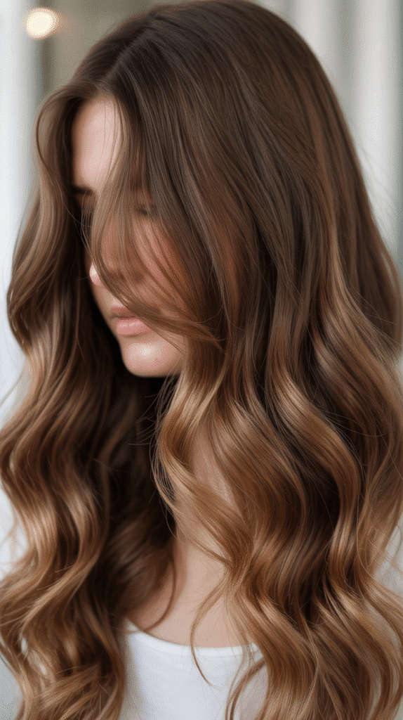Subtle Caramel Balayage on Natural Brown Waves