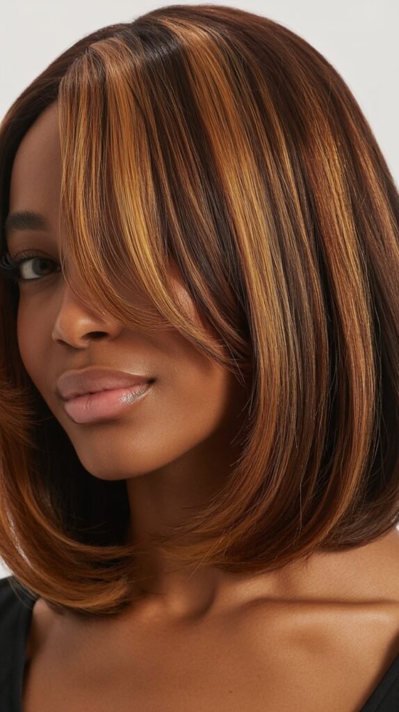 Colored Long Bob with Highlighted Curtain Bangs