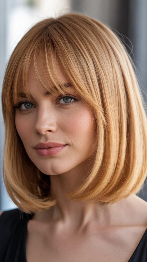  Almond Blonde Long Bob with Angled Curtain Bangs