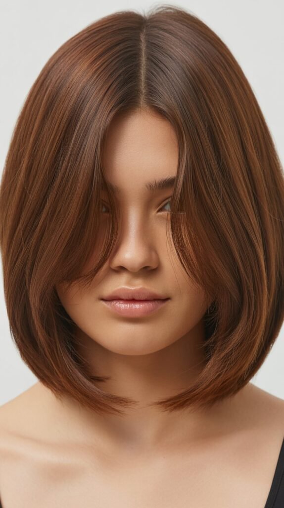 Classic Collarbone-Length Long Bob with Center-Parted Curtain Bangs
