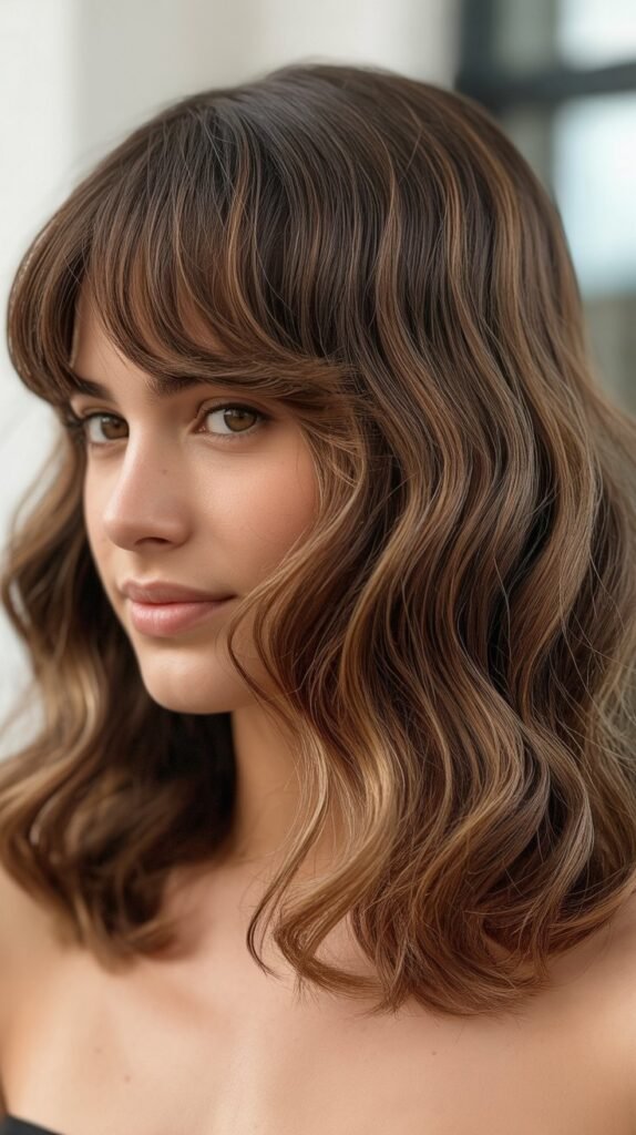 Textured Wavy Long Bob with Curtain Bangs