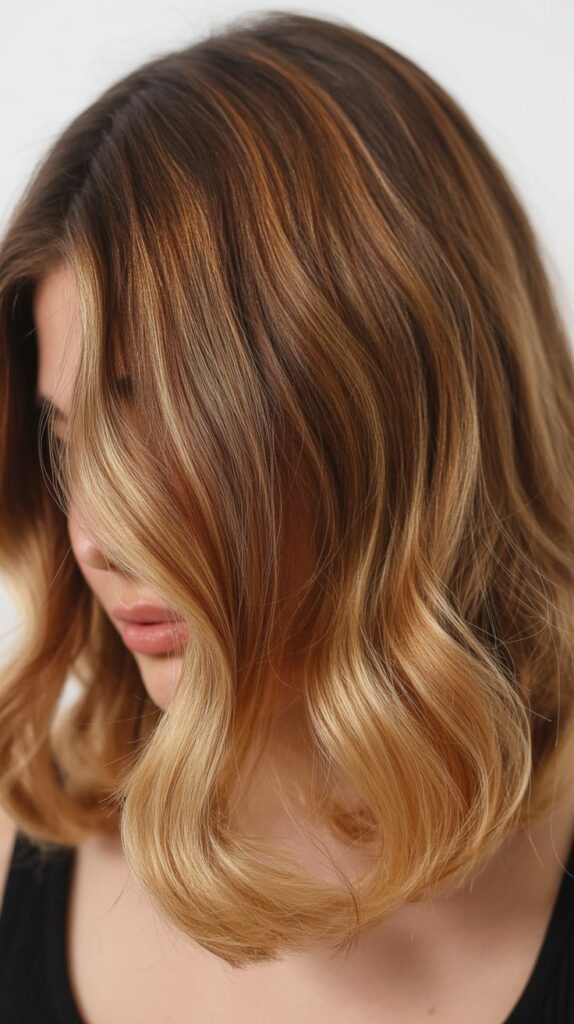 Textured Choppy Lob with Honey Blonde Highlights