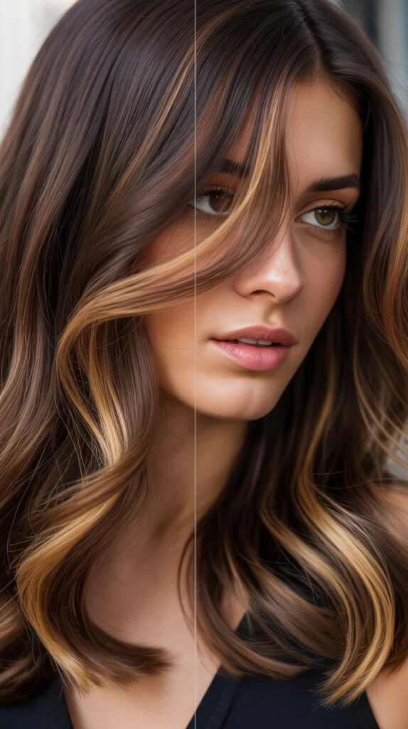 7. Chocolate Balayage with Face-Framing Highlights