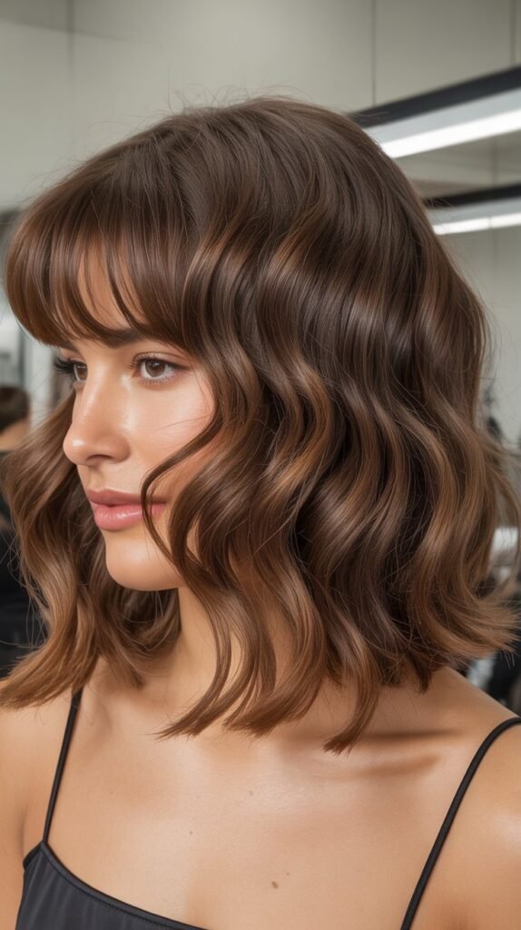 Textured Wavy Lob with Feathered Curtain Bangs