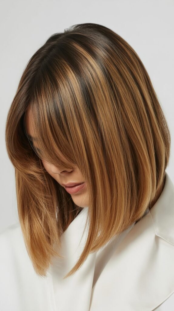 Long Bob with Curtain Bangs and Root Shadowing