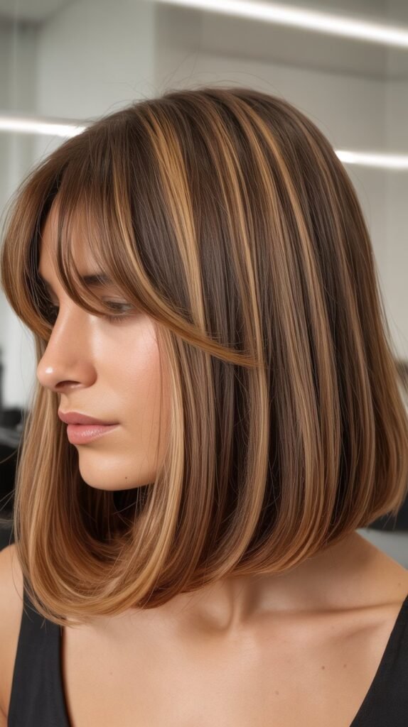 Long Bob with Curtain Bangs and Dimensional Highlights