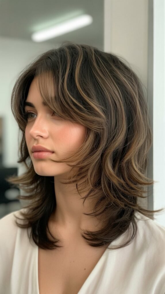 Long Bob with Curtain Bangs and Mixed Texture Waves