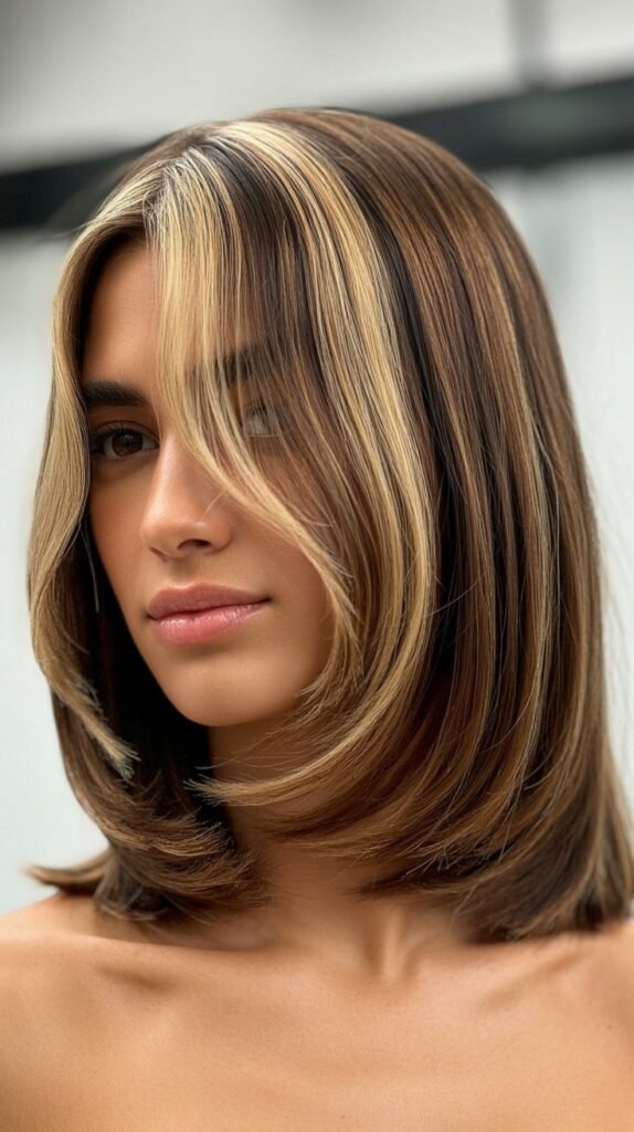  Long Bob with Curtain Bangs and Money Pieces