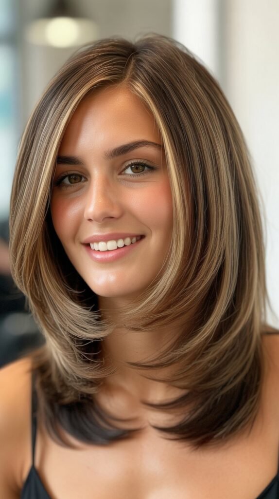 Textured Long Bob with Curtain Bangs and Money Pieces