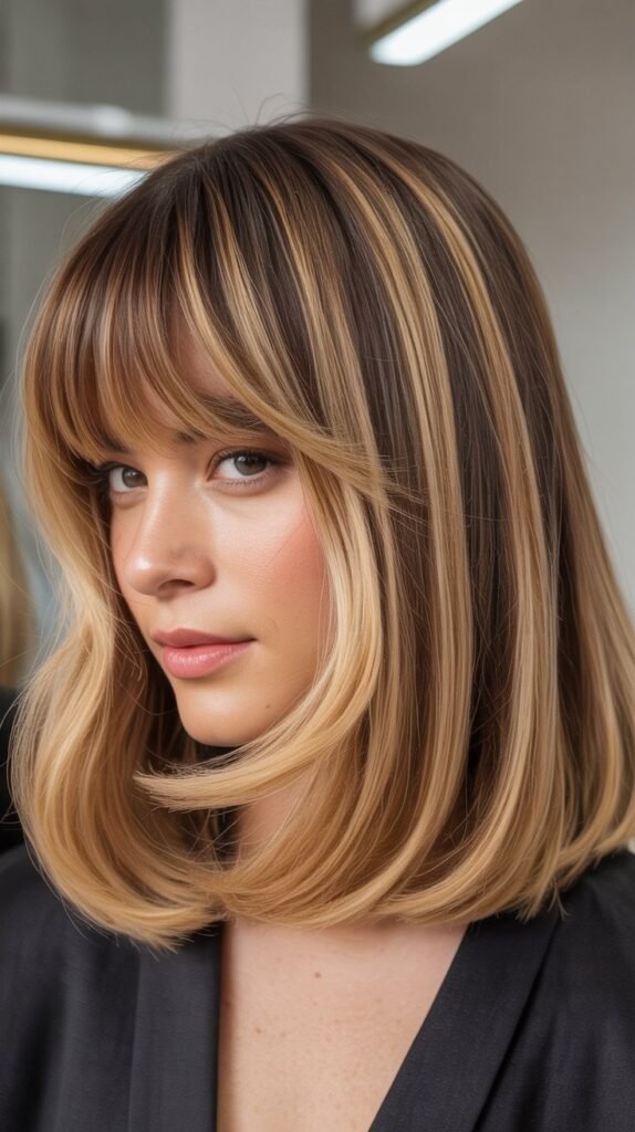 Balayage Lob with Sun-Kissed Curtain Bangs
