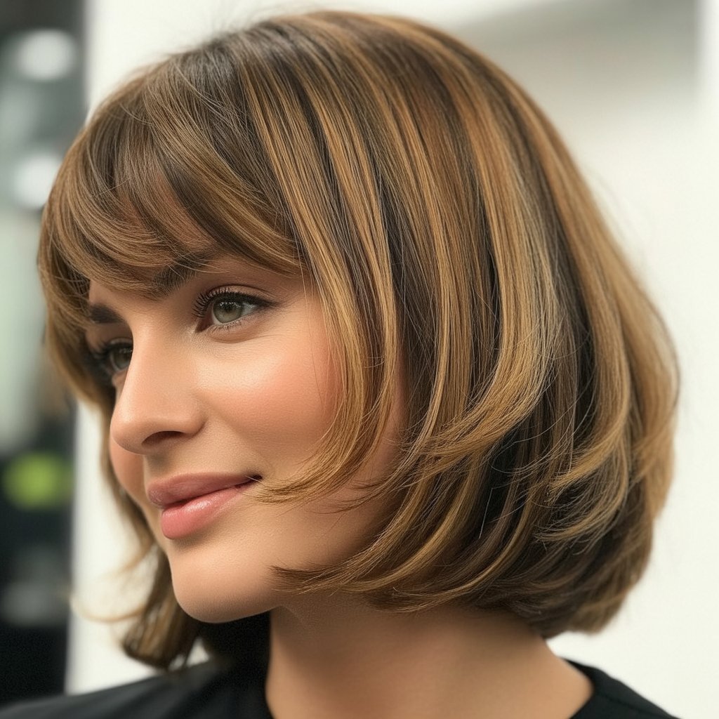 27+ Expert-Approved Hairstyles for Thin Hair and Round Faces 11 Layered Bob with Bangs