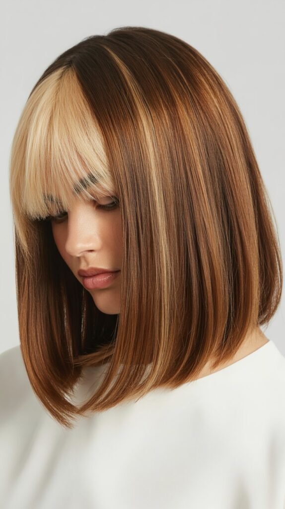 Long Bob with Curtain Bangs and Money Pieces