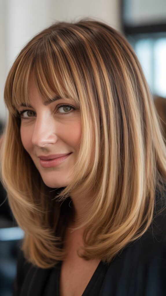 30 Stylish Long Bob with Curtain Bangs for Women Over 40 24 Long Bob with Curtain Bangs and Root Shadow