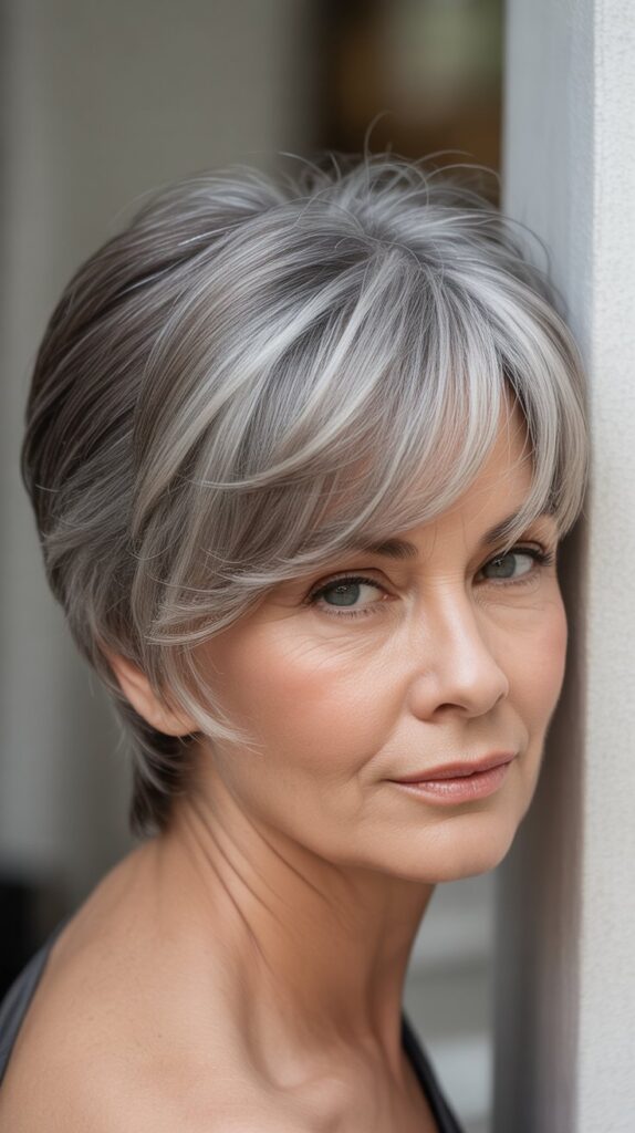 Top 32+ Short Hairstyles for Round Face Thin Hair Over 50 1 Classic Pixie Cut with Side-Swept Bangs