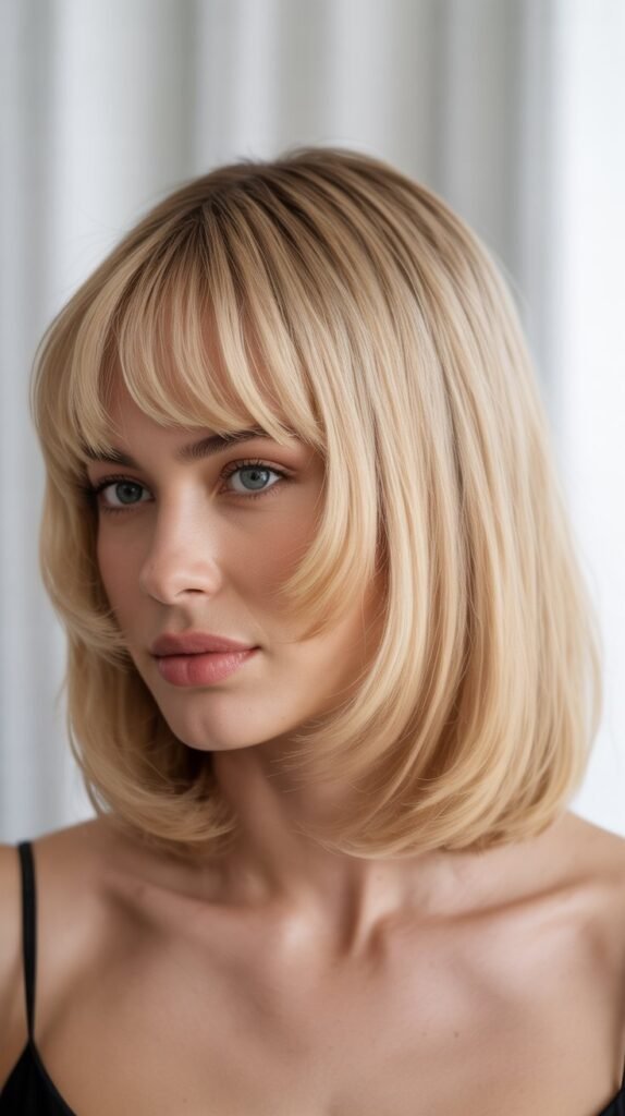 Champagne Pop Blonde Long Bob with Feathered Curtain Bangs