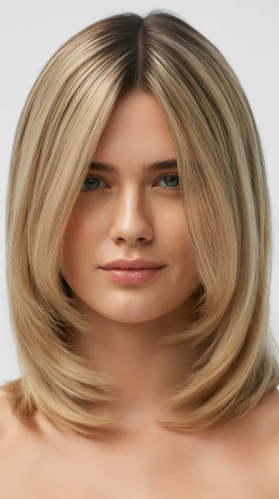 Long Bob with Curtain Bangs and Money Pieces