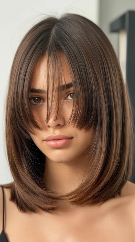 Sleek Long Bob with Center-Parted Curtain Bangs