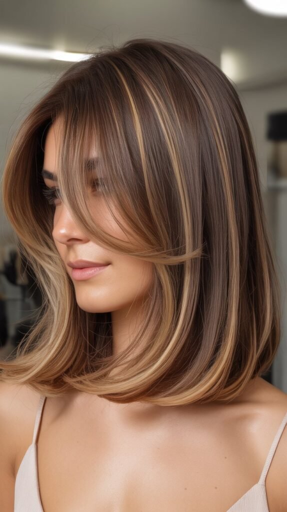 Balayage Long Bob with Soft Curtain Bangs