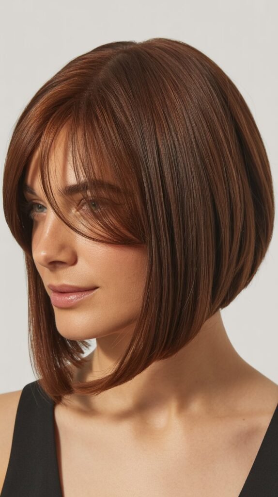 Asymmetrical Angled Bob with Side-Swept Curtain Bangs