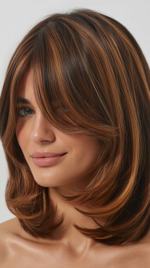 Long Bob with Curtain Bangs and Lowlights