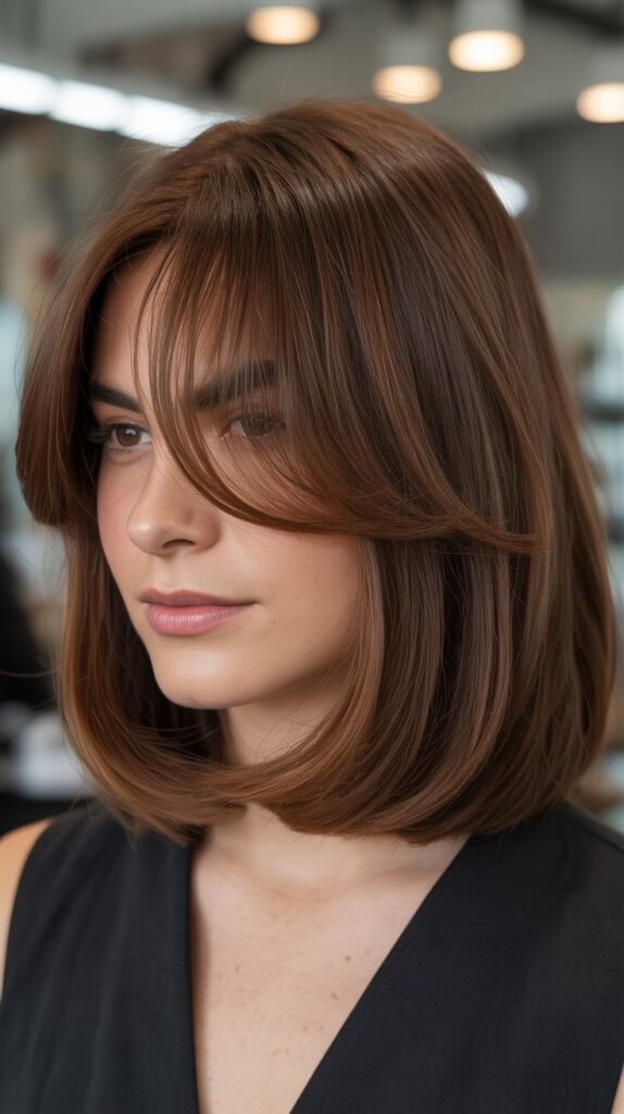 Long Bob with Curtain Bangs for Round Faces