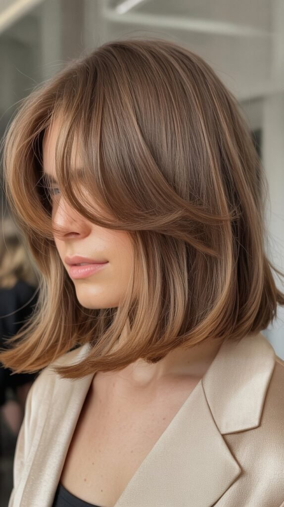 Textured Long Bob with Curtain Bangs and Hidden Layers