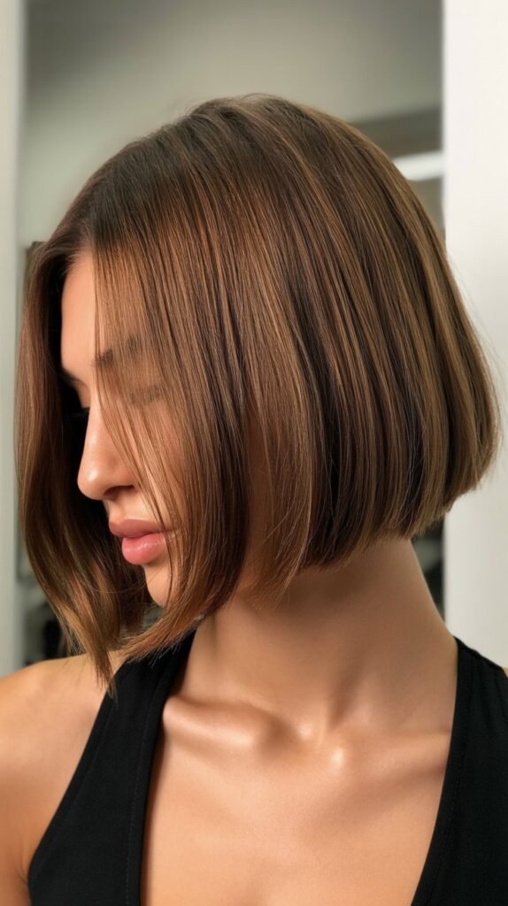 Elongated Bob with Extended Curtain Bangs