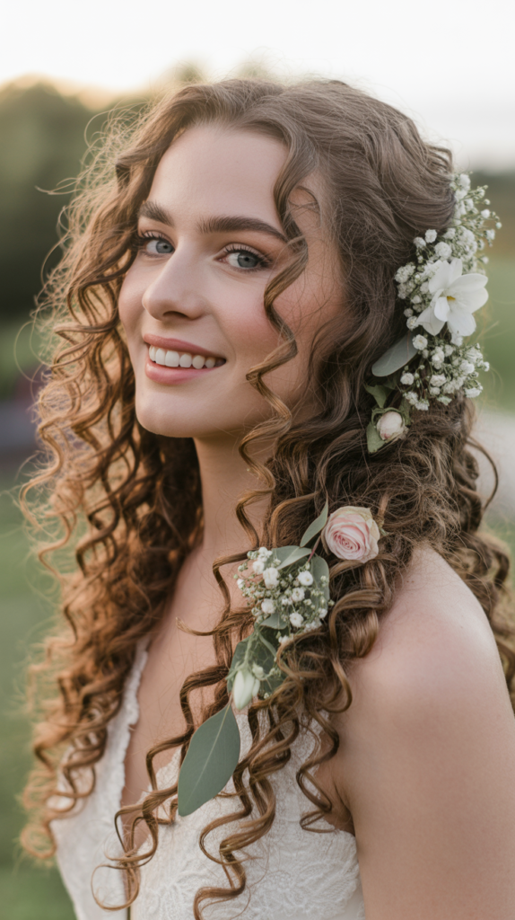 Romantic Loose Curls with Fresh Flowers