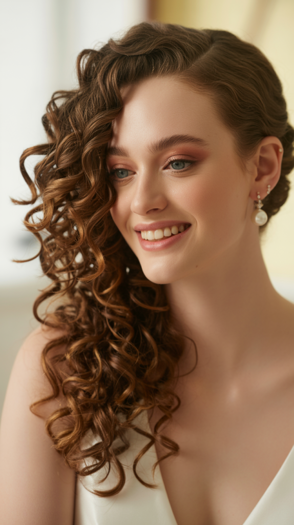 Asymmetrical Side Swept Curls