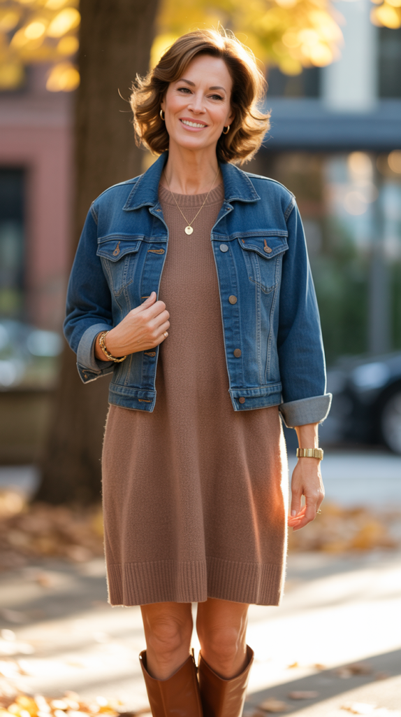 Denim Jacket with Sweater Dress