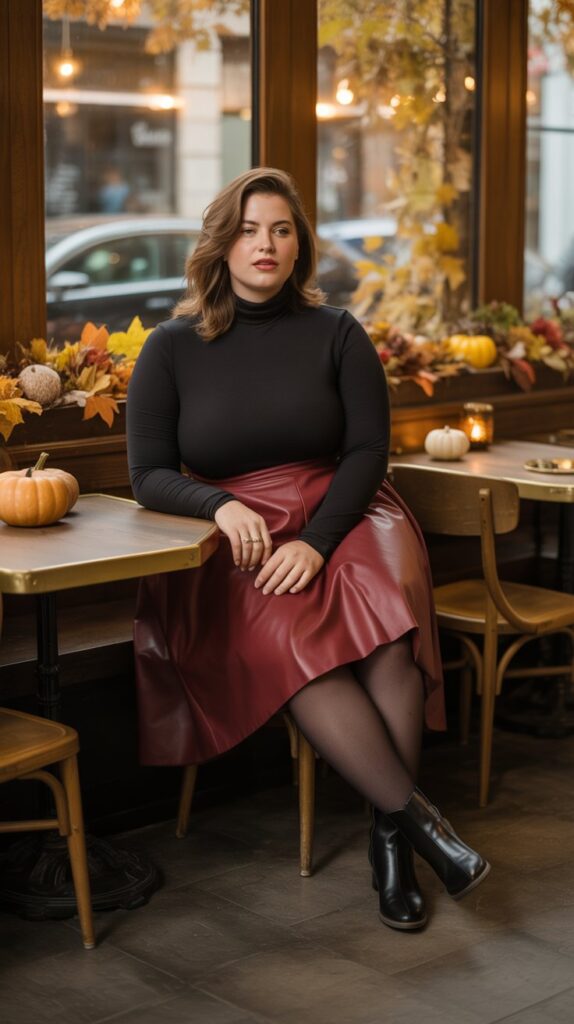 27 Flattering Casual Fall Outfits for Plus-Size Women 8 Turtleneck with A-Line Skirt