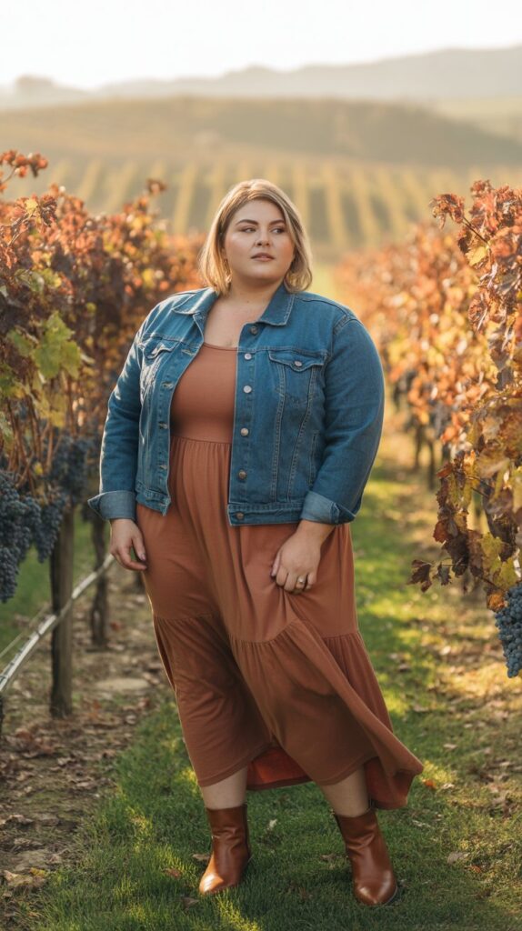 27 Flattering Casual Fall Outfits for Plus-Size Women 7 Denim Jacket with Maxi Dress