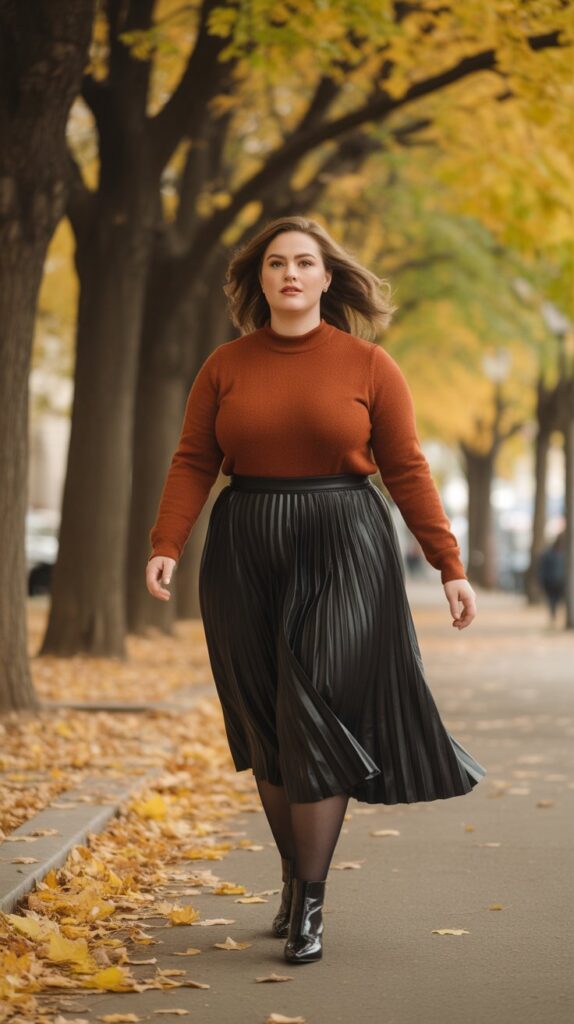 27 Flattering Casual Fall Outfits for Plus-Size Women 23 Mock Neck Sweater with Pleated Skirt