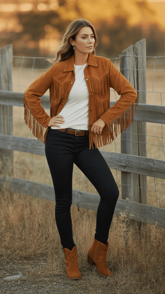 30 Chic Casual Fall Outfits for Women with Jeans 15 Suede Jacket and Black Jeans