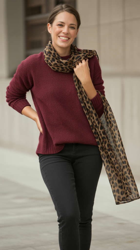 Black Jeans with Burgundy Sweater and Leopard Scarf