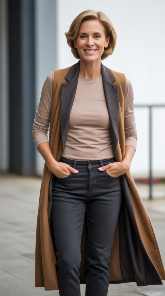 Long Vest Over Long-Sleeve Top