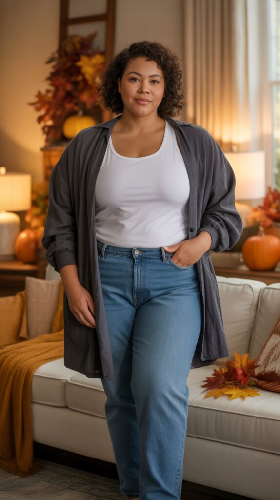 27 Flattering Casual Fall Outfits for Plus-Size Women 4 Longline Cardigan with Tank and Jeans