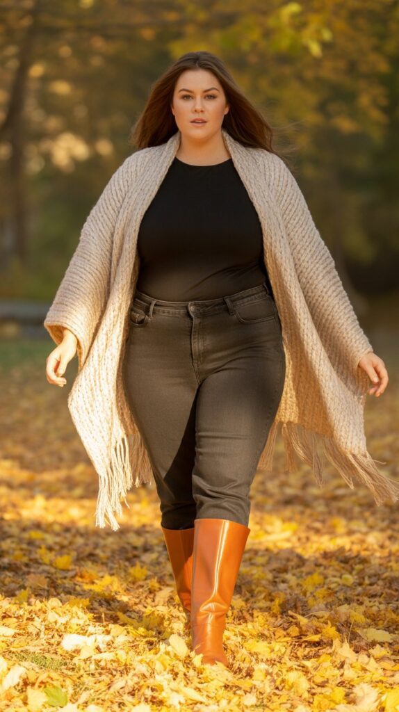 27 Flattering Casual Fall Outfits for Plus-Size Women 13 Poncho with Fitted Long-Sleeve Top