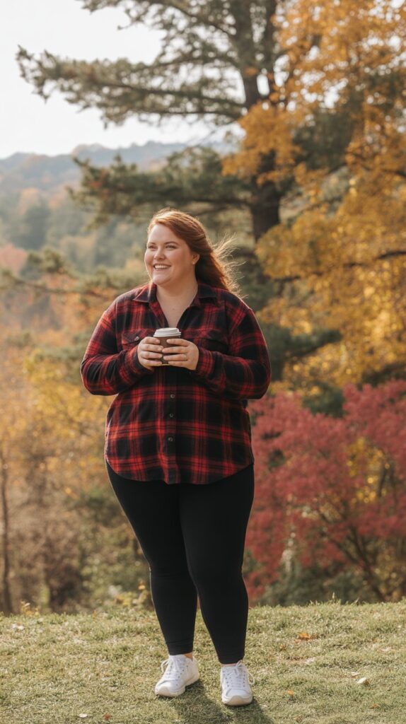 27 Flattering Casual Fall Outfits for Plus-Size Women 3 Plaid Shirt with Black Leggings