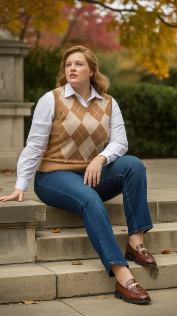 27 Flattering Casual Fall Outfits for Plus-Size Women 14 Sweater Vest with Button-Down Shirt