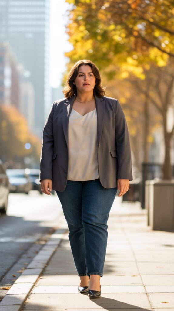 27 Flattering Casual Fall Outfits for Plus-Size Women 10 Blazer with Camisole and Dark Jeans