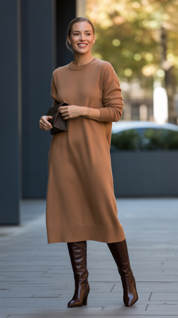  Midi Sweater Dress with Knee-High Boots