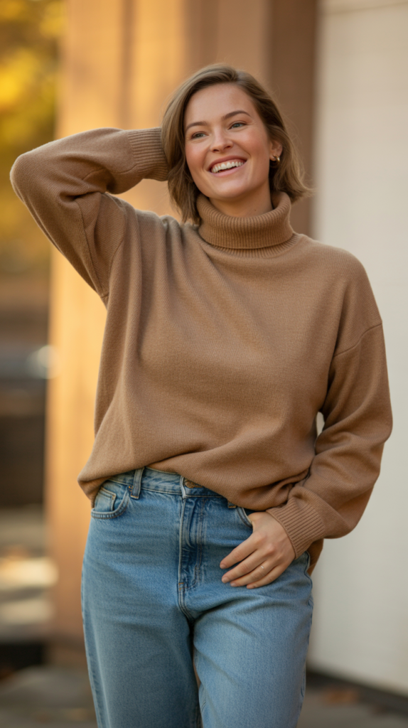 Light-Wash Jeans with Camel Turtleneck