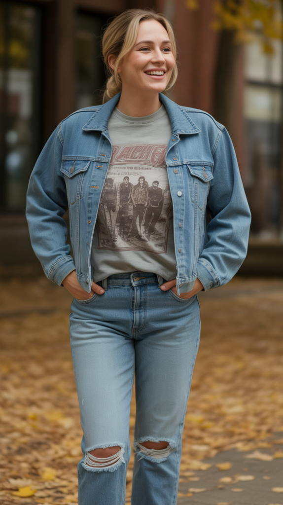 Distressed Jeans with Graphic Tee and Denim Jacket