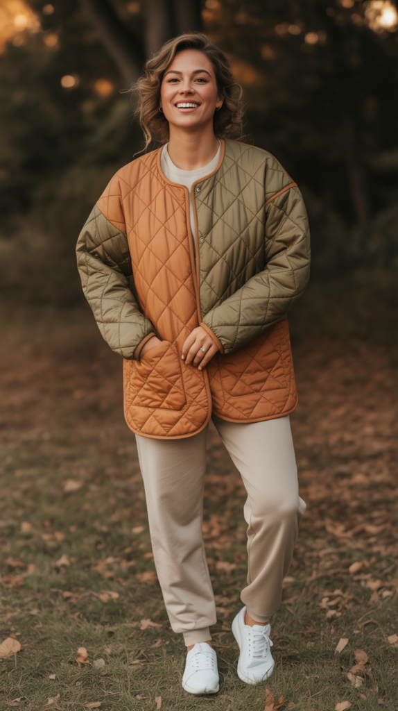 Quilted Jacket with Joggers and Sneakers