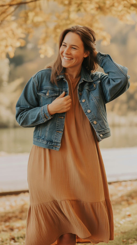 Denim Jacket Layered Over Midi Dress