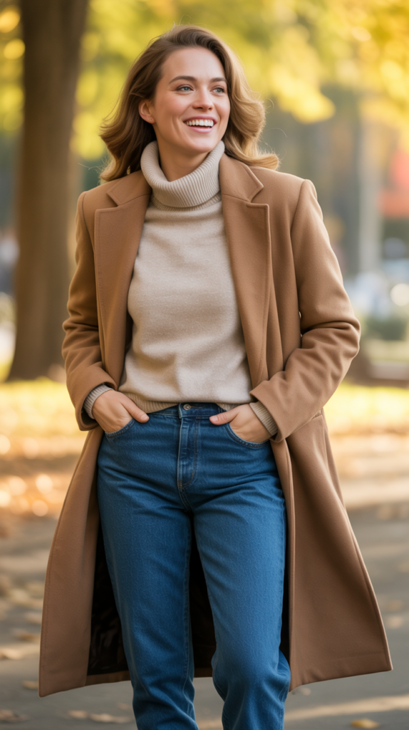 Jeans with Turtleneck and Long Coat