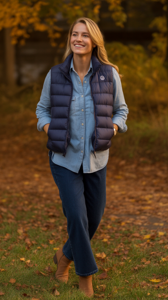 Puffer Vest Over Chambray Shirt